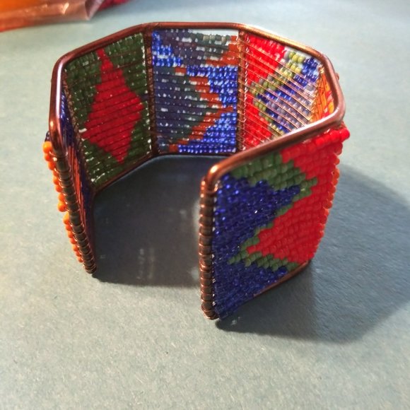 Colorful Hand Beaded Aztec Cuff Bracelet - Picture 2 of 6